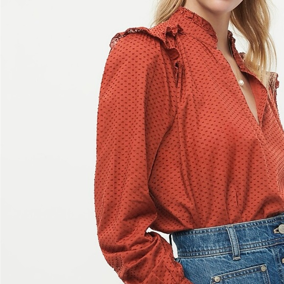 J. Crew Ruffle-trim V-neck popover in clip dot classic sky light blue M - Picture 6 of 6